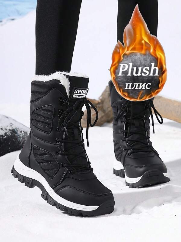 STARNOVO [Runs Small 1 Size] Women's Winter Warm Thermal Lined Hiking Boots, Casual Outdoor Non-Slip Mid-Calf Snow Boots With Lace-Up Round Toe, Fashionable And Elegant Trekking Shoes, Brand Women Outdoor High-Top Leather Patchwork Hiking Shoes, High-Top Snow Boots Women's Mountain Sports Shoes For Hiking Camping Climbing, Thick-Soled Women Boots With Thermal Lining, Snow Boots Size 36-43