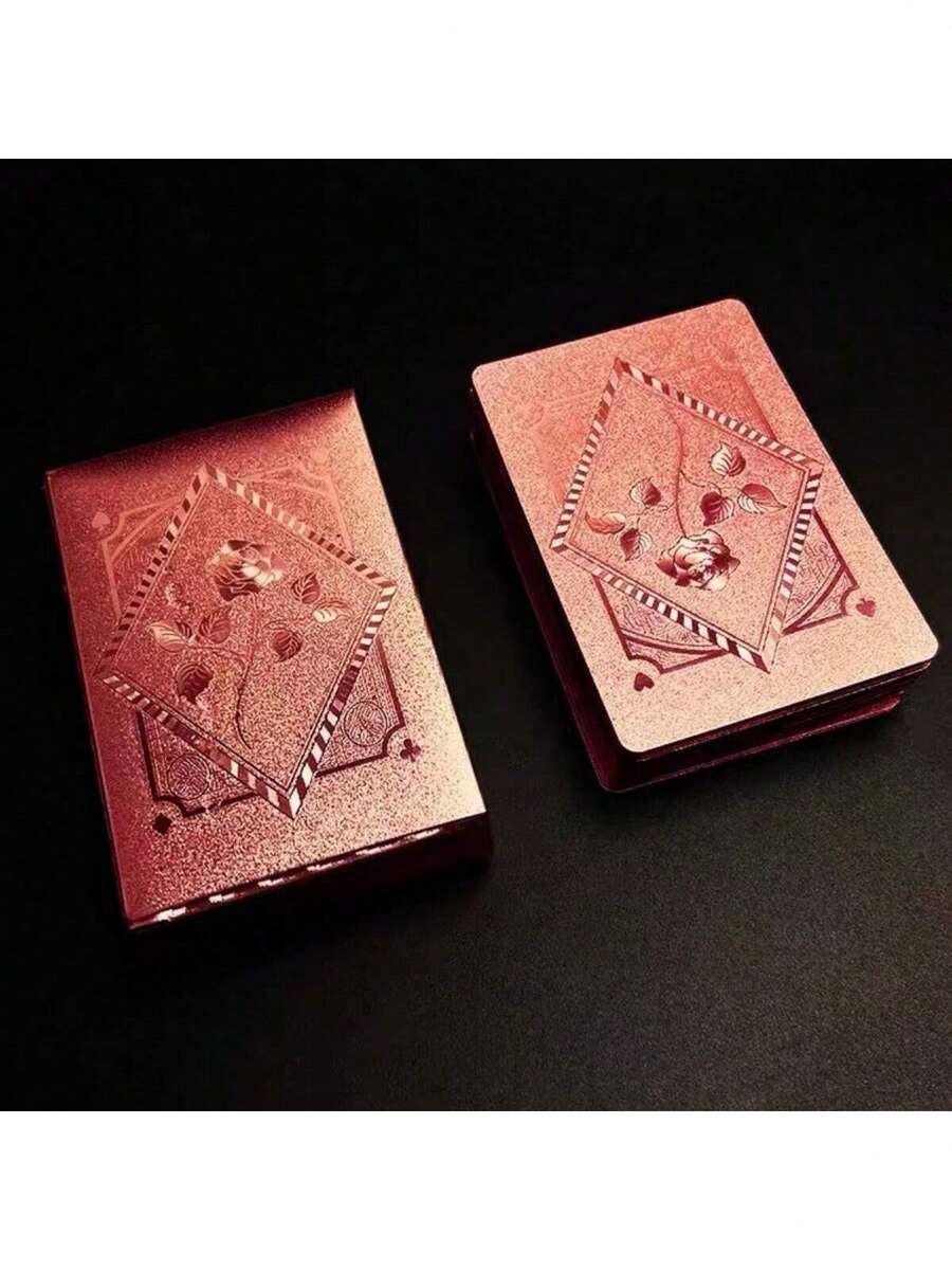1 Set Waterproof 24K Gold Foil Playing Cards - Black & Gold Plastic Poker Deck With Shiny Foil Surface, Durable & Flexible, Perfect For Magic Shows, Parties, Game Nights, Home Entertainment & Holiday Gifts For Valentine's Day, New Year & Halloween - Pink - View 1
