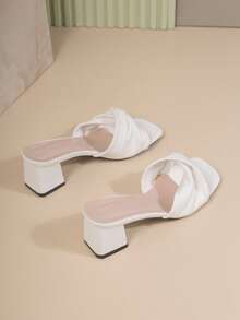 White Faux Leather Twisted Square Toe Mule Sandals, Open Toe Chunky Heel Slip-On Slides, Casual Summer Daily Footwear - White - View 7