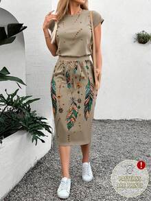 2 piezas Conjunto de falda con textura de plumas para mujer, adecuado para verano - Multicolor - Ver 1