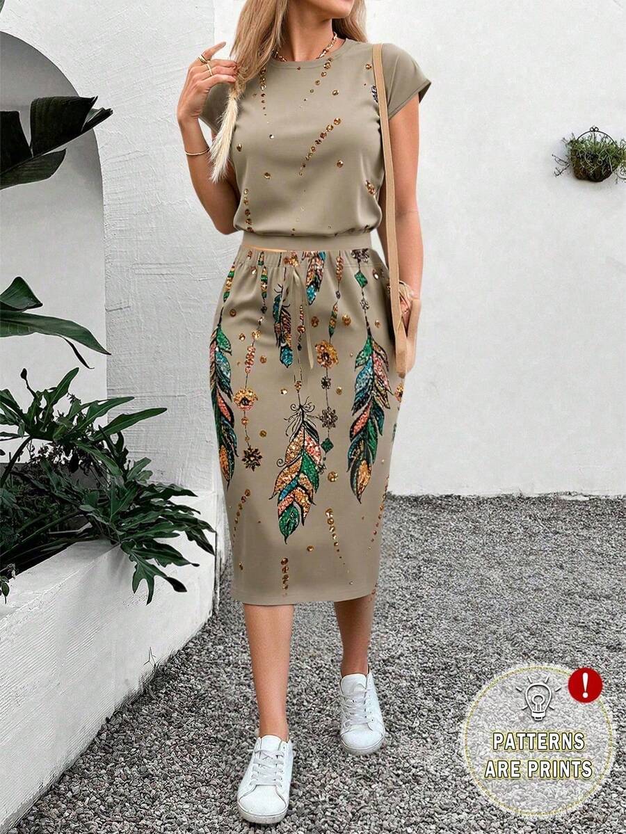 2 piezas Conjunto de falda con textura de plumas para mujer, adecuado para verano - Multicolor - Ver 1