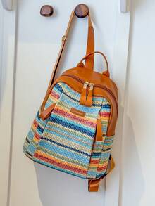 Fashionable Rainbow-Striped Woven Straw And PU Patchwork Backpack: A Casual, Vacation-Style, Large-Capacity Straw Backpack Perfect For Beach Vacations - Multicolor - View 6