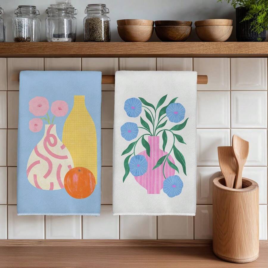 2PCS Kitchen Towels Watercolor Vase Pattern Printed 40*60cm Modern Abstract Style Rectangular Microfiber Kitchen Towels, Dishcloths, Tablecloths, Hand Towels, Kitchen Decor, Home Decor, Neighbor Housewarming Gift, Perfect For Kitchen And Bathroom Use, Suitable For Housewives And Family Gathering Gifts, Home Essential - Multicolor - View 1
