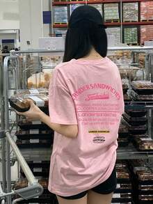 女士圆领短袖T恤，夏季新款字母印花，时尚休闲百搭宽松上衣 - 淺粉 - 查看 7