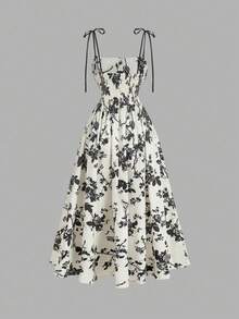 guangzhougaolangshangmao  MOD Vestido camisero con estampado de flores de silueta negra sobre fondo albaricoque, vestido renacentista, vestidos - Albaricoque - Ver 7