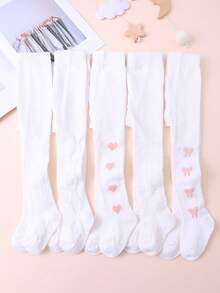 5 Pairs Sweet Cute Heart And Bow Jacquard Mesh White Tights For Baby Girls, Spring/Summer, Daily Versatile, Suitable For Back To School Season - White - View 4
