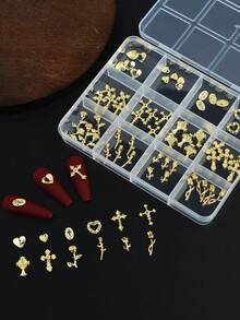 This 60-Piece Nail Art Accessory Box Features A Mix Of Designs Including Hearts, Roses, And Crosses, Specially Designed For Girls And Women. It Allows You To Easily Create Unique DIY Nail Art Looks And Is A Must-Have For Nail Art Enthusiasts. Nail Charms - Gold - View 1