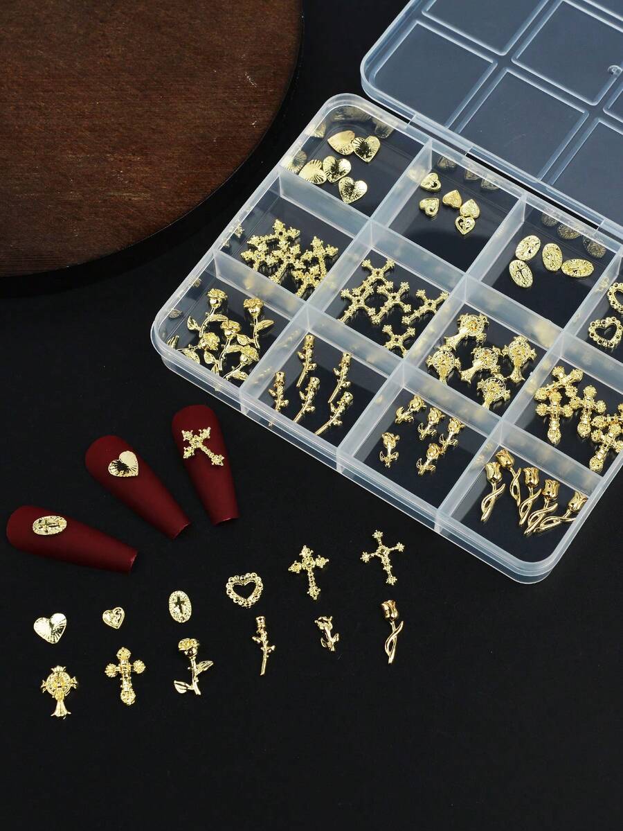 This 60-Piece Nail Art Accessory Box Features A Mix Of Designs Including Hearts, Roses, And Crosses, Specially Designed For Girls And Women. It Allows You To Easily Create Unique DIY Nail Art Looks And Is A Must-Have For Nail Art Enthusiasts. Nail Charms - Gold - View 1