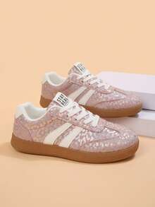Women's Pink Iridescent Leopard Print Glossy Casual Sneakers, Round Toe, Low-Top, Lace-Up, Flat Heel Design, Suitable For Daily Wear And All Seasons - Pink - View 6