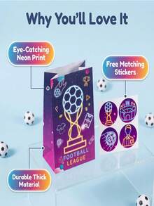 12pcs 2026 World Cup Neon Football Party Gift Bags, Soccer Print Candy Treat Bags With Stickers, Kids Birthday & Sports Party Favor Supplies - View 7