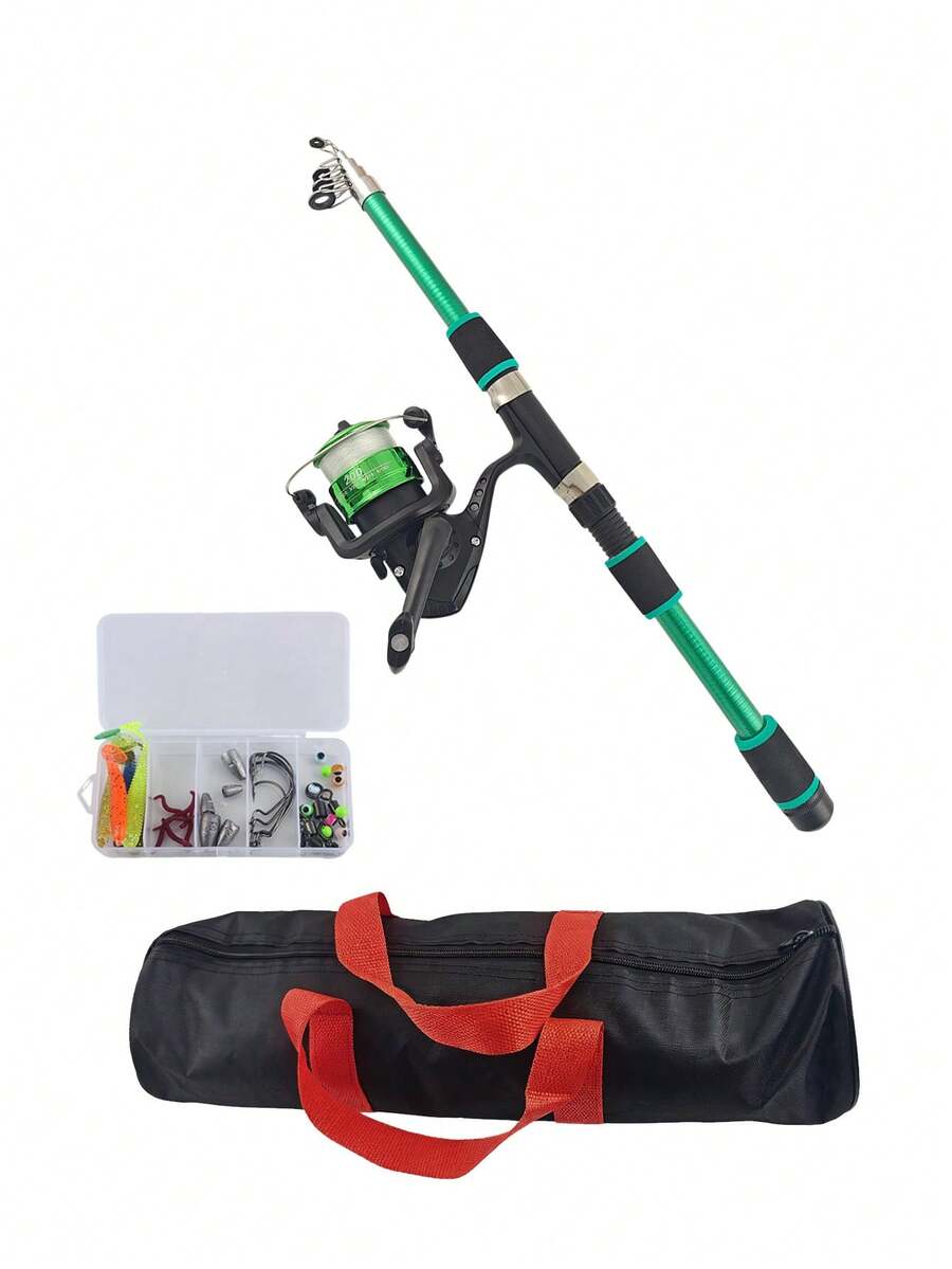 Lure Fishing Casting Set With Bag, Equipped With Fishing Rod, Reel, Fishing Line, Lures And Accessories - Green - View 1