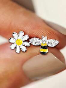 1 Pair Cute Flower & Bee Stud Earrings, Designed For Women, Suitable For Wedding, Engagement, Anniversary Party, Valentine's Day Gift - 1# - View 8
