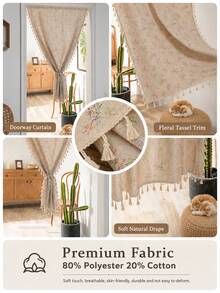 Bubaba 2Pcs Boho Floral Door Curtain With Tassel Fringe, Linen Look Semi-Sheer Room Divider Curtain, Farmhouse Privacy Panel For Doorway, Kitchen, Closet, Bedroom & Entryway Decor - Flower - View 3