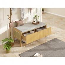 Shoe Bench, Storage Bench, Bench With Woven Rattan Side Panels, 2 Drawers, Color: Natural, Dimensions: 113 * 45.5 * 40 Cm - 自然色 - 查看 11