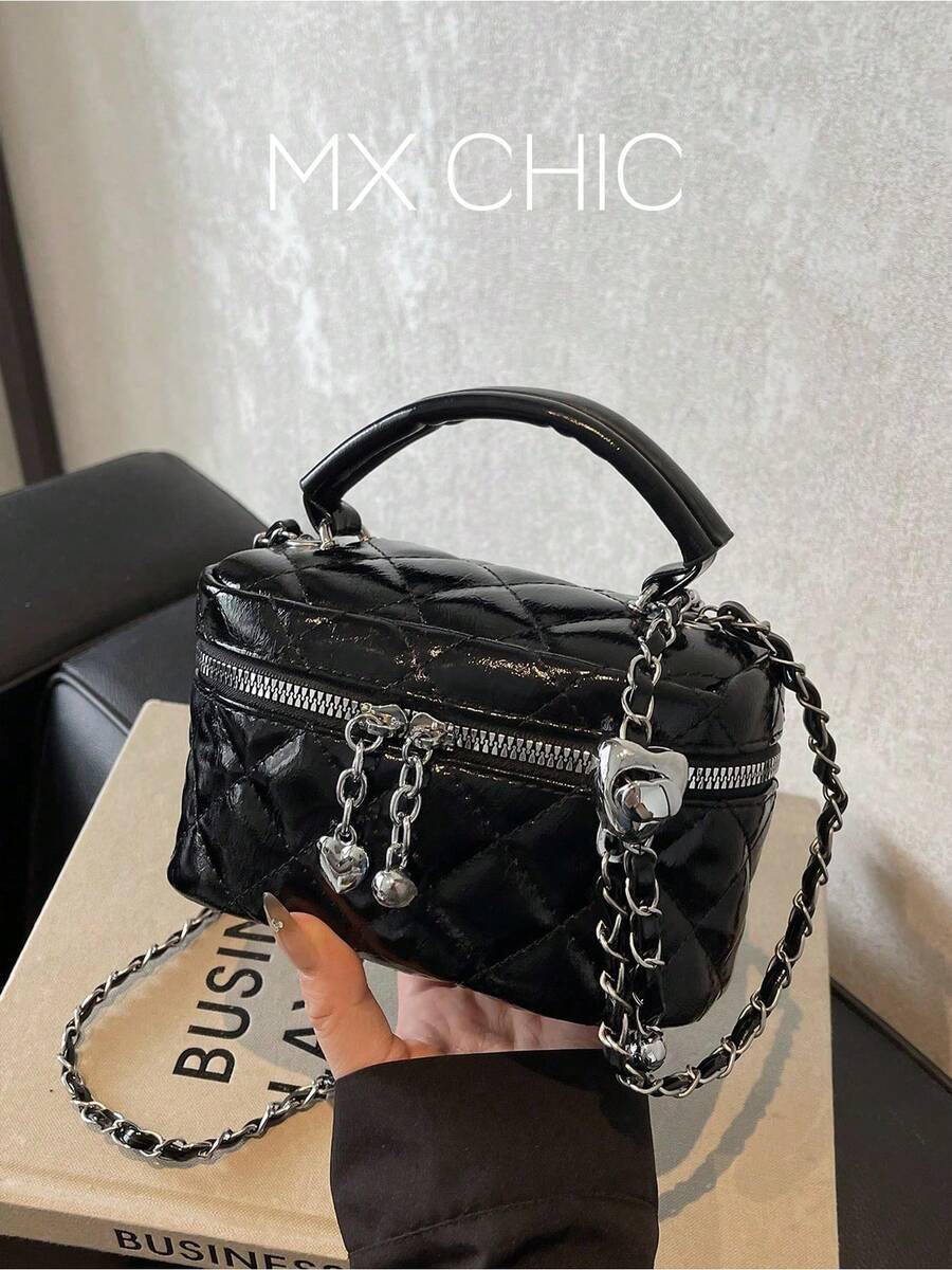 1pc Women Mini Handbag Fashion Solid Color Embroidered Rhombus Cross-Body Bag, Suitable For Cards & Keys - Black - View 1