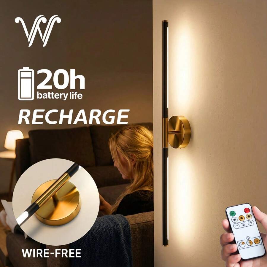 wamblz Modern LED Wall Lamp Wireless,Battery Operated Wall Light With Remote Control Dimming Timing LED Lights Room Decor Bedroom Beside Lamp,Suit For Living Room Study Picture Background Holiday Gifts - Gold - View 1