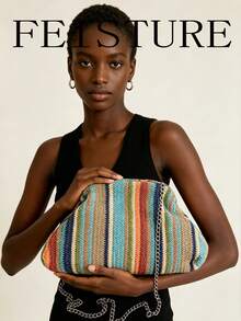 2026 Spring/Summer New Women's Colorful Striped Woven Hard-Shell Handbag - Multicolor - View 6