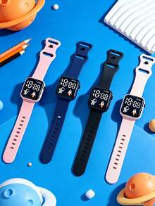 4pcs/Set Kids' Favorite Square Electronic Watch With Rocket Astronaut Pattern, LED Screen, TPU Material, Casual Sports Watch Suitable For Daily Life, Gift, Birthday, Back To School Season - Multicolor - View 2