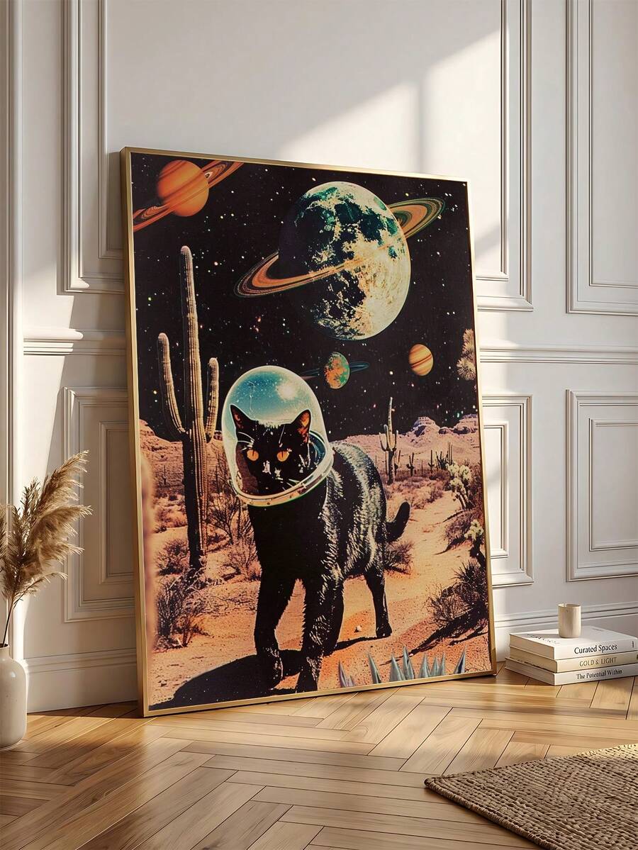 1pc Vintage Black Cat Surreal Art, Funny Alien UFO Wall Decor, Victorian Landscape Wall Art, Ideal Gift,Suitable For Bedroom,Living Room,Kitchen,Wall Arts,Wall Decor,Home Decor,Room Decor,Canvas Wall Art,Posters, Wall Art With Frame, Optional Frame - 1PCS - View 1
