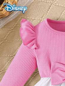 [Official Licensed]Disney Mickey Mouse Autumn/Winter Bow Long Sleeve Dress, Featuring Cute Minnie Mouse Cartoon Pattern, Slightly Elastic, Suitable For Girls' Daily Wear, Great Gift - Pink - View 4