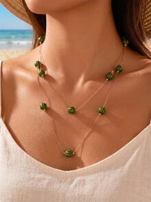 1 pieza Collar largo de cuentas de sandía elegante y vintage versátil, collar para capas, adecuado para salidas casuales diarias de mujeres, banquetes, festivales de música, eventos de fiesta, reuniones, regalos de vacaciones - Verde - Ver 3