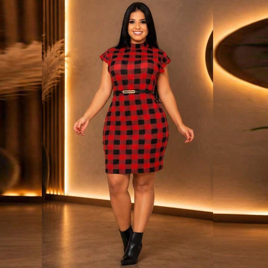 Women's Short Plaid Dress, Bodycon Style, Short Sleeve, Tank Top, June Festival, Rodeo, Checkered Dress, Cowboy Party - 查看 1