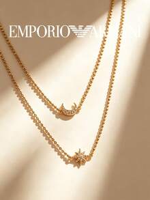 Rose Gold Multi-Layer Necklace With Crystal Crescent Moon And Star Pendant Armani EG3393221 Exquisite Romantic Daily Women's Jewelry - Rose Gold - View 2