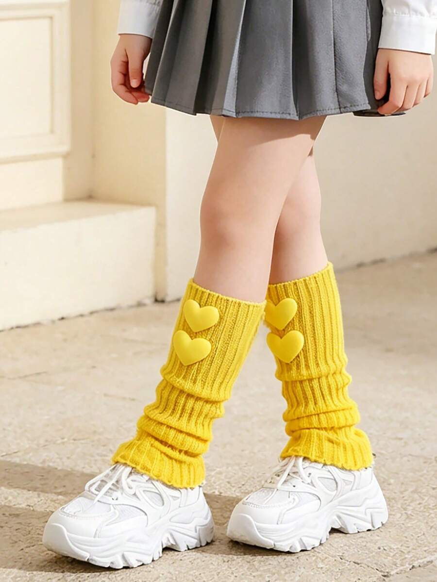 1 Pair Girls Sweet Cute 3D Heart Bright Color Spring Autumn All Season Knit Leg Warmers, Performance Colorful Girls Slouch Leg Warmers - Yellow - View 1