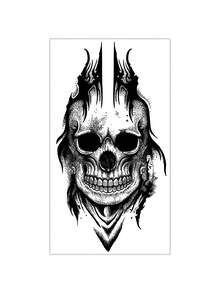 1pc Herbal Dark Stipple Flame Skull Pattern Temporary Tattoo Sticker, Realistic Fake Tattoo Design, Suitable For Travel, Music Festivals, Gaming, Graduation Gifts & Independence Day Tattoo, Lasts 7-14 Days - Black - View 4