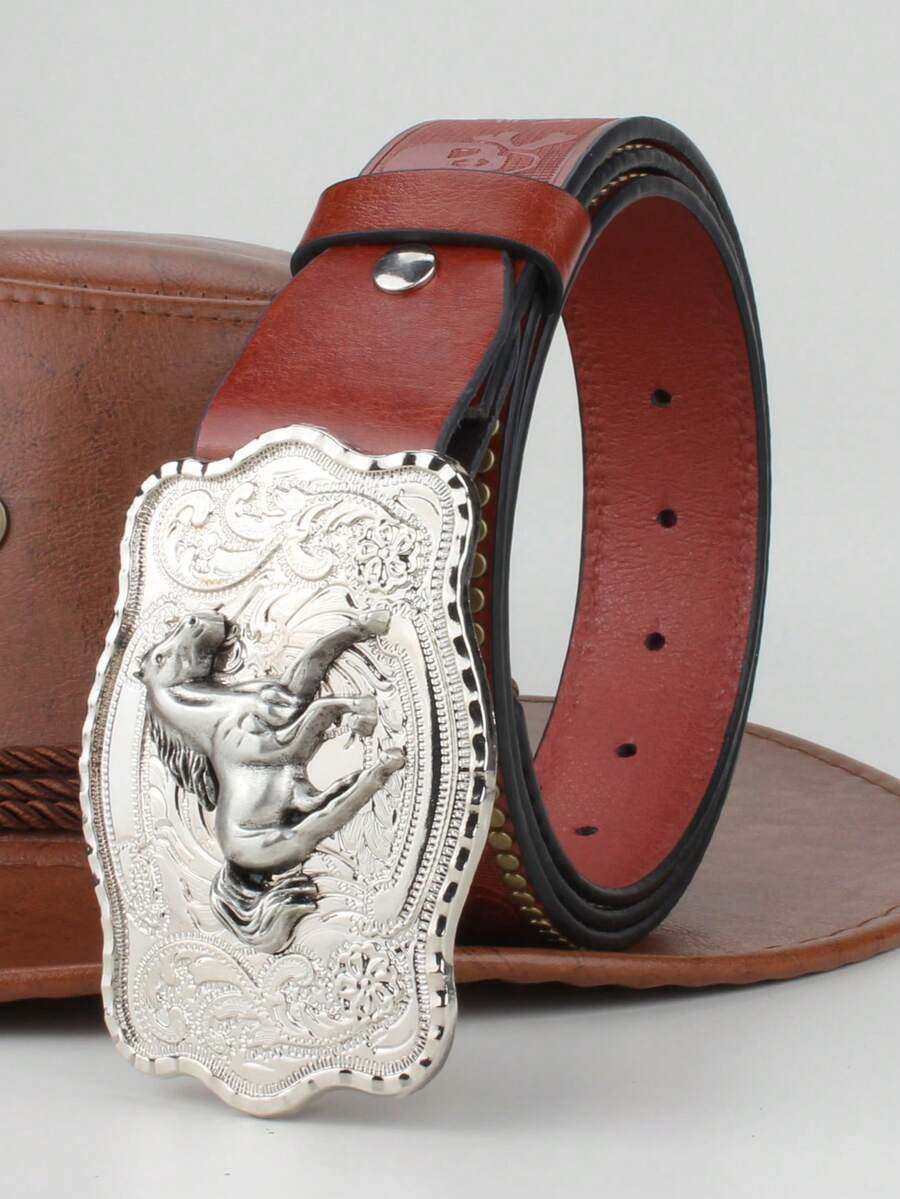 1pc Party Style Vintage Horse Buckle, Rivet Embossed PU Men's Belt, Suitable For Valentine's Day Gift - Red - View 1