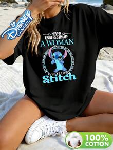Disney Lilo & Stitch "Never Underestimate A Woman Who Loves Stitch" Quote Print Crew Neck Tee - Black - View 1