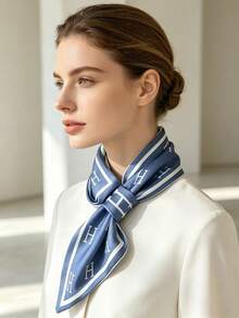 Moemton Neutral Blue H Logo Silk Scarf, Minimalist Border Neck Scarf, Understated Scandinavian Style Accessory - Blue - View 4