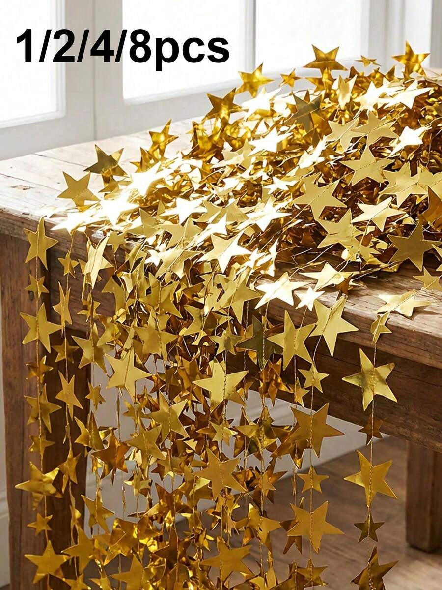 1/2/4/8pcs 4m Gold Star Tassel Hanging Decoration, Gold Star Garland Decor, Indoor/Outdoor Decoration, Garland, Stage Hanging Star, Back To School Season, Birthday Party, Proposal, Engagement, Anniversary, Bachelorette Party - Multicolor - View 1