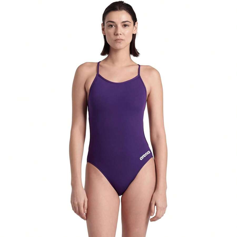 Arena Performance Women's Team Solid Lace Back Swimsuit One Piece Bathing Suit Variant 12 - Plum/White - View 1