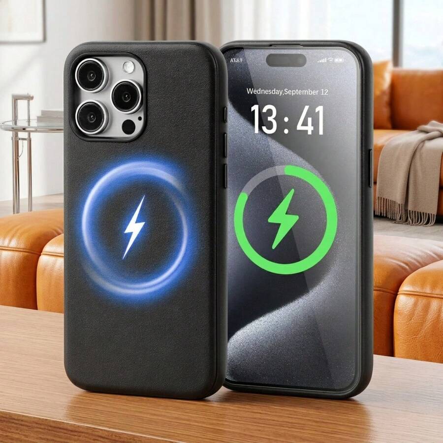1 pièce Étui en cuir PU noir Hadaasi avec doublure en microfibre, texture grain fin mate, aimant puissant intégré, compatible avec la charge sans fil, résistant aux rayures, style mode et affaires, cuir premium, compatible avec Apple 17e/16E/16pro/16promax/16plus/16/15pro/15promax/15plus/15/14pro/14promax/14plus/14/13pro/13promax/13/12pro/12promax/12