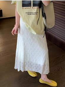 New Solid Color Pleated High Waist Hip-Covering Slimming Skirt, Elastic Waist Versatile A-Line Mid-Length Skirt White - White - View 2
