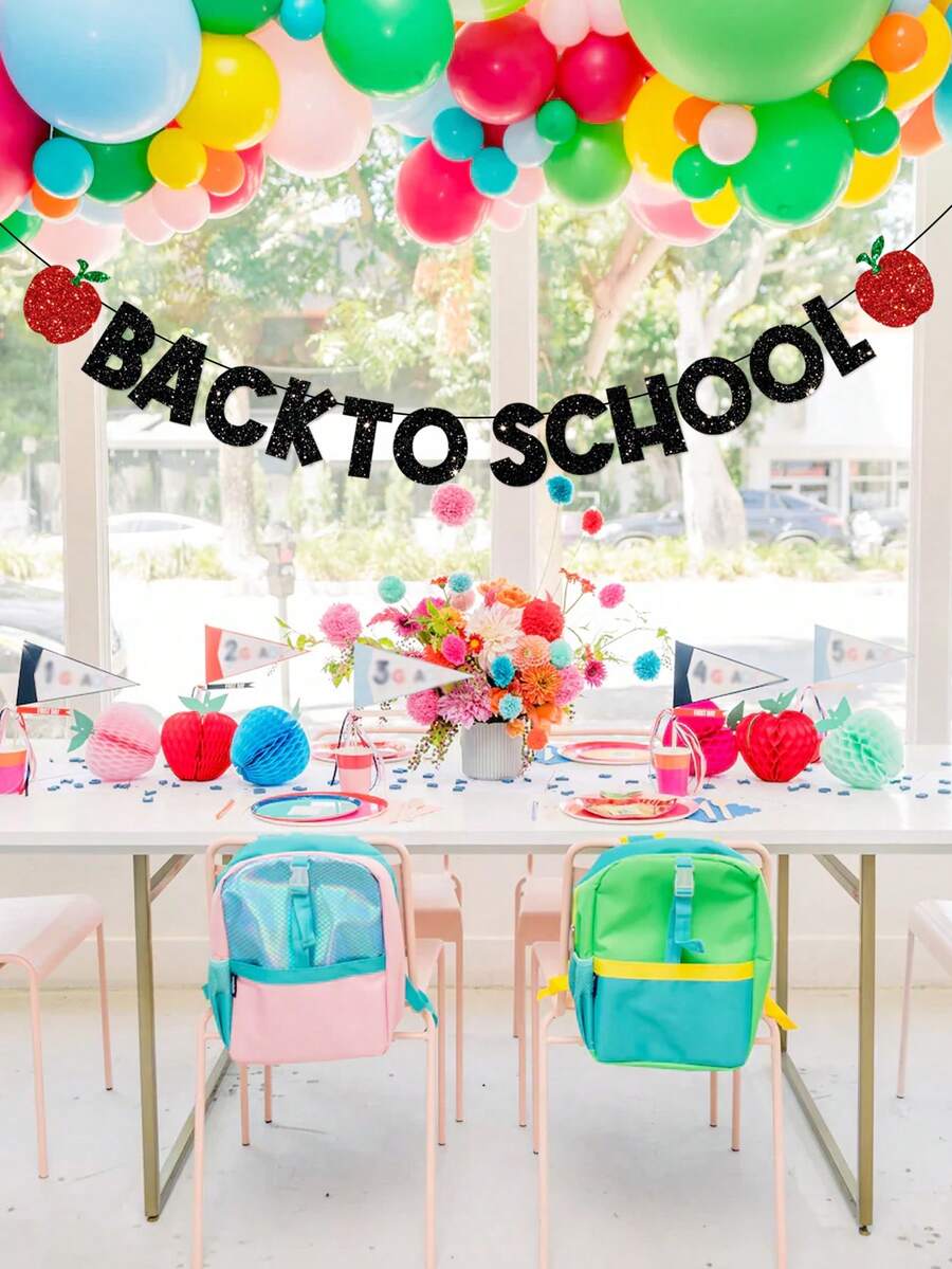 1pc Black Glitter Back To School Banner, Red Apple Letter Garland For First Day Of School Classroom Decoration, Welcome Back School Party Photo Booth Backdrop - Black - View 1