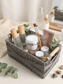 1pc/2pcs Paper Woven Storage Basket With Handle, Lace Decorated Desktop Organizer Box, Rectangular Basket Suitable For Cosmetics, Keys, Remote Controls, Snacks, Clothes And Toys, Home Multi-Functional Decorative Storage Rack, Halloween And Christmas Gift, Minimalist Style, Clean - Dark Grey - View 4