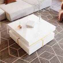 High-Gloss Coffee Table / Modern Coffee Table / MDF Living Room Table / Side Table With Drawers And Gold Accents / With Two Drawers / Easy To Clean And Assemble - White - View 10
