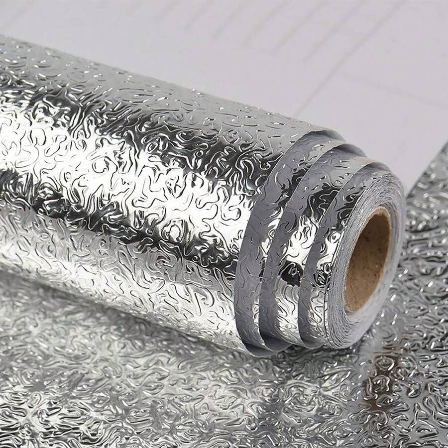 1 Roll Self-Adhesive Silver Aluminum Foil Contact Paper, Waterproof Oil-Proof Splash-Proof Kitchen Wallpaper, Suitable For Countertop, Cabinet, Drawer Decoration