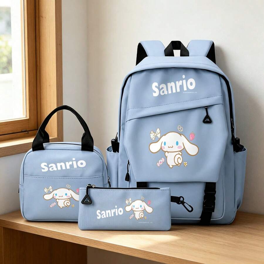 Miniso 三麗鷗 Cinnamoroll 3件組背包套裝,可愛印花休閒學生書包組合,含托特包與鉛筆袋 - 藍色 - 查看 1