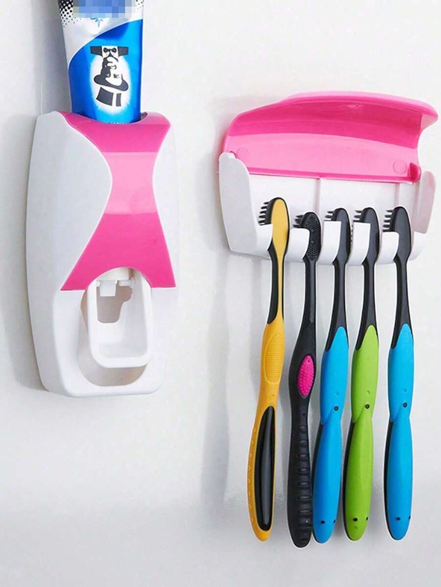 2pcs Automatic Toothbrush & Toothpaste Dispenser Set, Wall-Mounted Toothpaste Squeezer And Toothbrush Holder Set, Fully Automatic Toothbrush Holder + Toothbrush Rack Set, No-Drill Wall-Mounted 5-Slot Toothbrush Holder, Suitable For Kids, Family And Bathroom Use, Mother's Day Gift