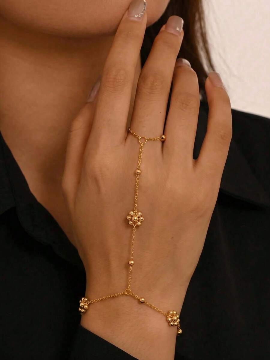 1pc Stainless Steel Non-Fading Flower & Bead Linked Finger Hand Chain, Minimalist Hand Harness Jewelry, Versatile For Daily Wear/Party/Date - Gold - View 1