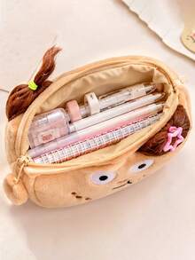 3pcs Cute Face Plush Zipper Pencil Case Set, With 2 Random Color Neutral Pens, Soft Pencil Pouch, Creative School Office Stationery, Back To School - Multicolor - View 2