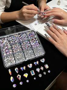 Best-Selling 12-Grid Flat Bottom Irregular Rhinestone Nail Art Decor, Iridescent Mixed Round Glass Rhinestones Nail Accessories - Baby Pink - View 7