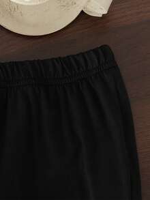 2pcs/Set Girls Summer Back To School Outfit, 4-7 Years Old, Apricot Fashionable Cute Chiffon 3D Floral Short Doll-Style Camisole Top With Elastic Waist, Black Flared Long Pants With Ruffle Hem, Comfortable Soft Casual Commute, Suitable For Spring/Summer Outings, Can Be Given As A Gift - Black - View 9