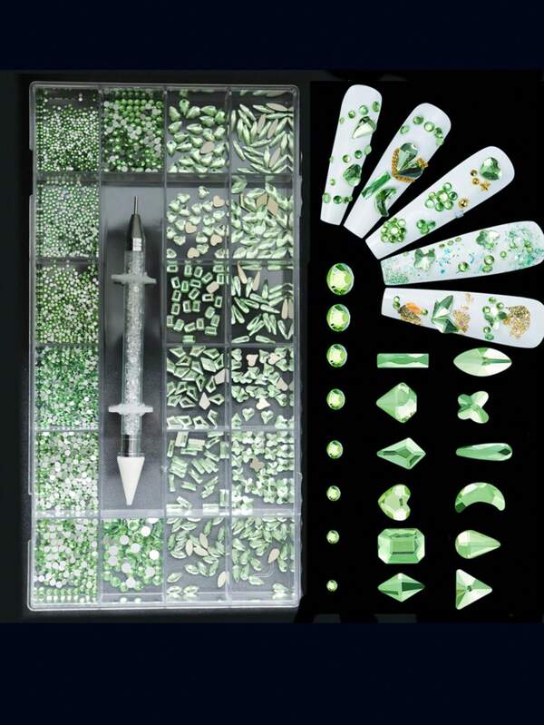 Set decorativ pentru nail art cu 21 de compartimente, strasuri lucioase verde deschis, multiple stiluri, strasuri plate, include pensetă și peniță pentru punctare, pentru petreceri, sărbători și DIY nail art