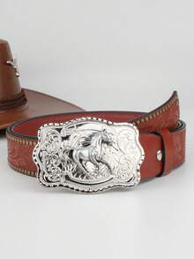 1pc Party Style Vintage Horse Buckle, Rivet Embossed PU Men's Belt, Suitable For Valentine's Day Gift - Red - View 2