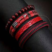 Fashion 4pcs Set Multi-Layer Leather Bracelet Minimalist Handmade Woven Cupid's Arrow Bracelet For Men And Women - Red - View 4