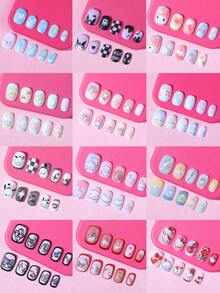 Sanrio Hello Kitty 288片/組（12款混搭設計）短方型法式穿戴式假指甲，可愛3D Hello Kitty、Kuromi、Cinnamoroll、Pompompurin圖案設計，完美貼合壓克力假指甲套組，適合女孩日常與派對美甲 - 彩色 - 查看 2